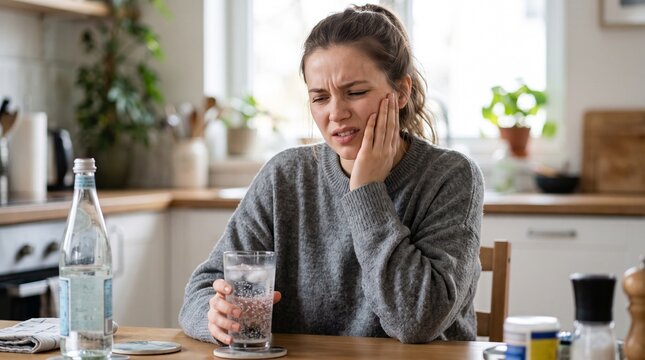 Health care young woman touching mouth, expression, girl suffering from toothache, decay or sensitivity cavity molar tooth or inflammation drink cold, sparkling water. Sensitive teeth people