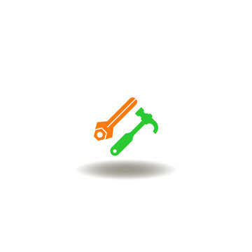 Vector illustration of wrench with screw and hammer. Symbol of industry tools and instrument.