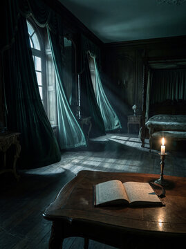Gothic bedroom with an open book and candle in dramatic window light