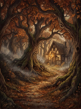 Cozy fairy tale cottage in an enchanted autumn forest with a winding path