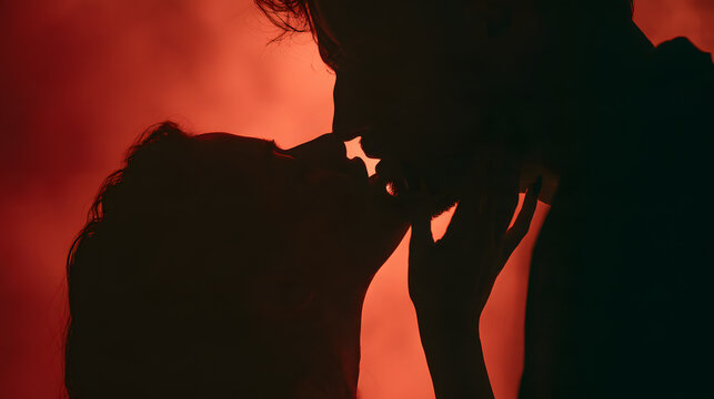 Two lovers stand in deep, dark silhouette against a dark red, soft monochromatic red and deep red gradient background steamy, intimate kiss