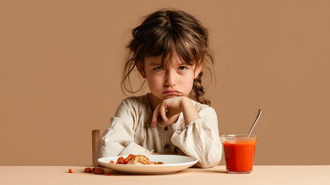 Frustrated girl looking unhappy with her meal and dissatisfied with the food with copyspace