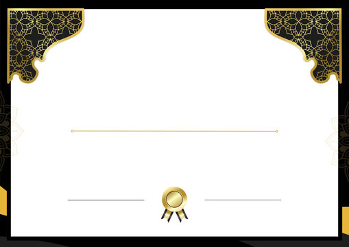 Elegant landscape certificate template featuring ornate black and gold floral corners, a white center, decorative divider, and gold award seal.