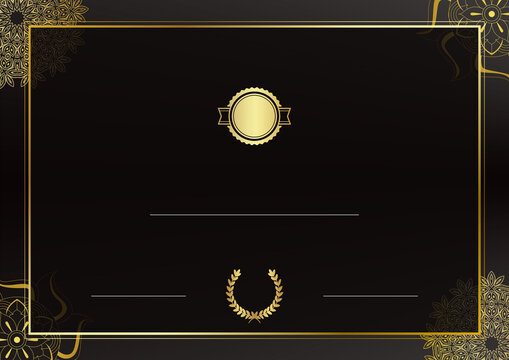 Luxurious landscape certificate template with a dark background, gold ornamental corners, elegant border, central emblem, and laurel wreath decoration.