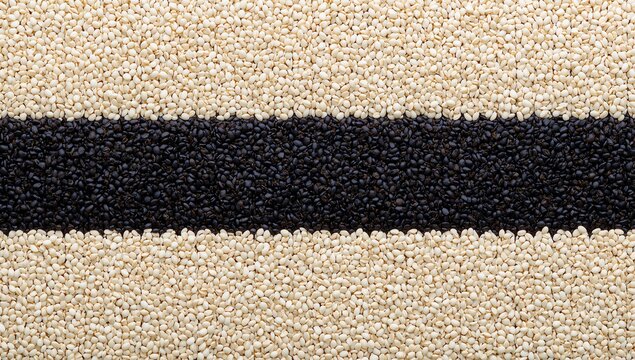 White and black sesame seeds arranged in parallel horizontal stripes