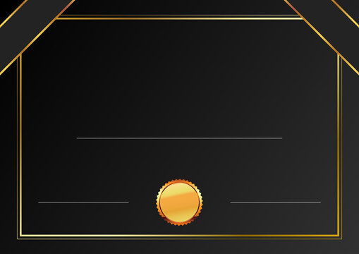 Luxury landscape certificate template with a black background, geometric gold border, elegant lines, and a decorative gold seal for awards and recognition.