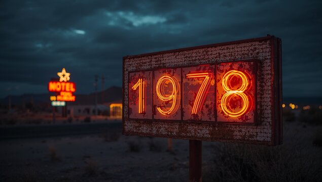 Rusted roadside motel sign displaying 1978 in glowing orange