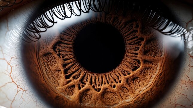Macro closeup of human eye with brown iris, pupil. Clear contact lens covers cornea. Detailed anatomy shows intricate texture of eyeball, retina, blood vessels. Medical science concept for vision