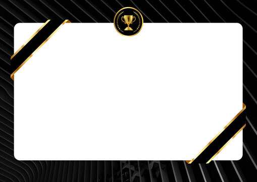 Elegant landscape certificate template with a white panel, black and gold accents, trophy emblem, and luxurious abstract background.