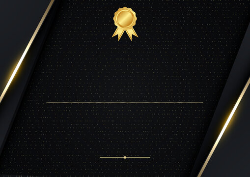 Elegant landscape certificate template with a black textured background, golden borders, angled accents, and a decorative award emblem.