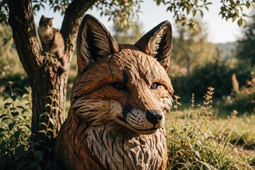 Fototapeta premium Large wooden fox sculpture sits in garden. Hand carved timber animal head decoration in backyard. Small tabby cat sits on tree branch behind art piece. Sunny day in park with green plants, foliage.