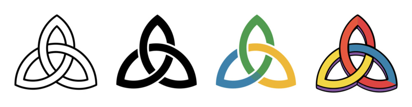 Celtic triquetra trinity knot vector icons set featuring traditional Irish geometric symbols in outline, solid black, flat color, and layered multicolored graphic design variations