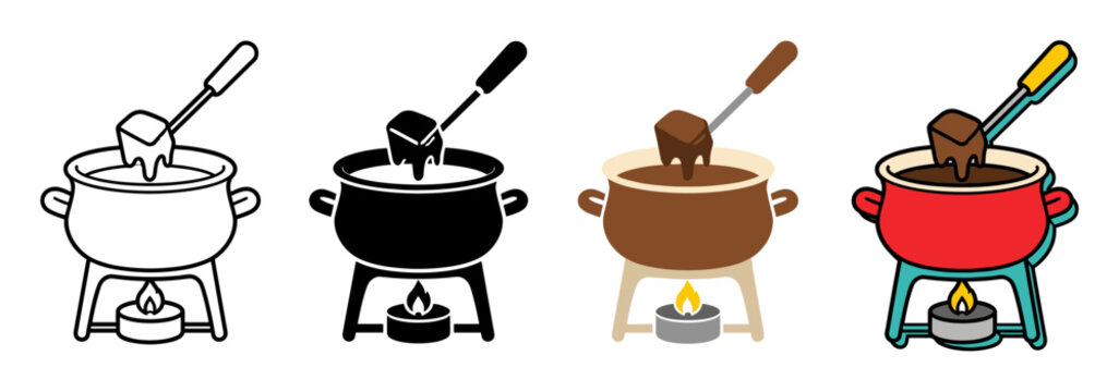Fondue pot set with dipping fork icons featuring traditional cheese and chocolate melting over candle flame in multiple graphic styles for restaurant menus and culinary design