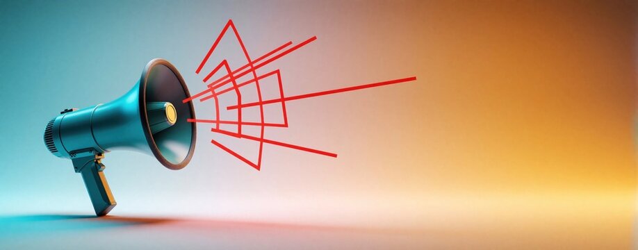 Blue megaphone broadcasts red abstract geometric lines. Loudspeaker sends out powerful message for marketing campaign news announcement. Creative concept for communication strategy, advertising,