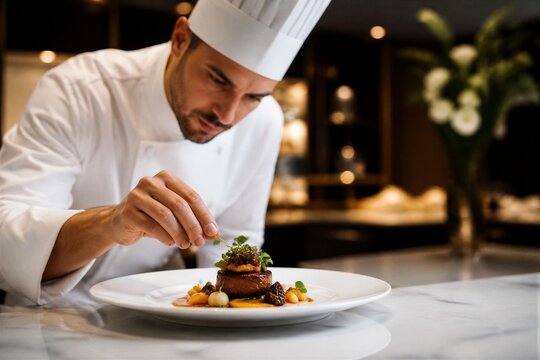 Chef plating gourmet dish in professional restaurant kitchen