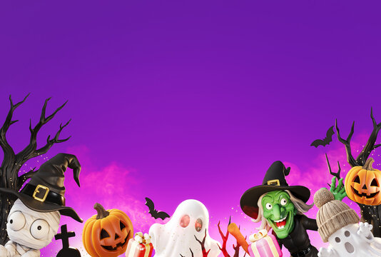 Halloween monsters on purple background with copy space. Witch and ghosts with Halloween decoration. 3D Rendering, 3D Illustration
