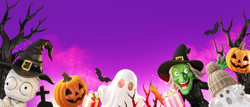 Halloween monsters on purple background with copy space. Witch and ghosts with Halloween decoration. 3D Rendering, 3D Illustration