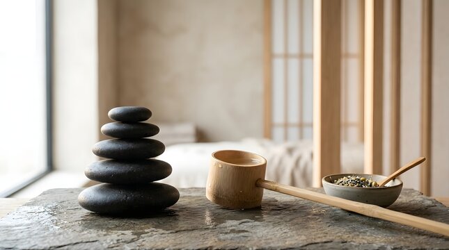 Zen spa setup with stacked black stones, a bamboo dipper, and a bowl of salts, creating a serene wellness ritual