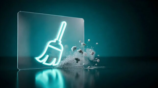 Glowing broom icon sweeping dust on dark background for device cleanup concept