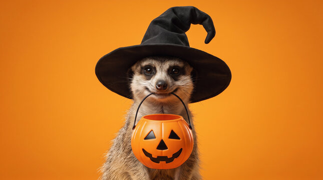 Meerkat wearing a black witch hat and holding a jack-o-lantern candy bucket on an orange background, cute spooky Halloween wildlife portrait for trick or treat celebration
