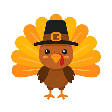 Cute cartoon turkey wearing a pilgrim hat isolated on a white background