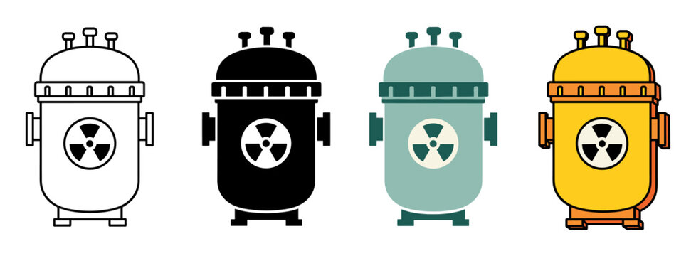 Nuclear reactor tank icons vector collection featuring industrial radiation containers and pressure vessel equipment for atomic power plant facilities