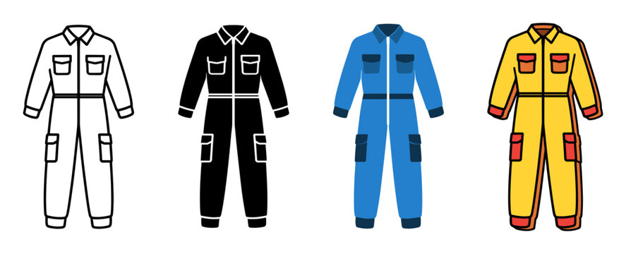 Protective workwear jumpsuit and overalls icon set showing industrial mechanic uniform, safety equipment boiler suit, and construction worker protective clothing in different graphic styles