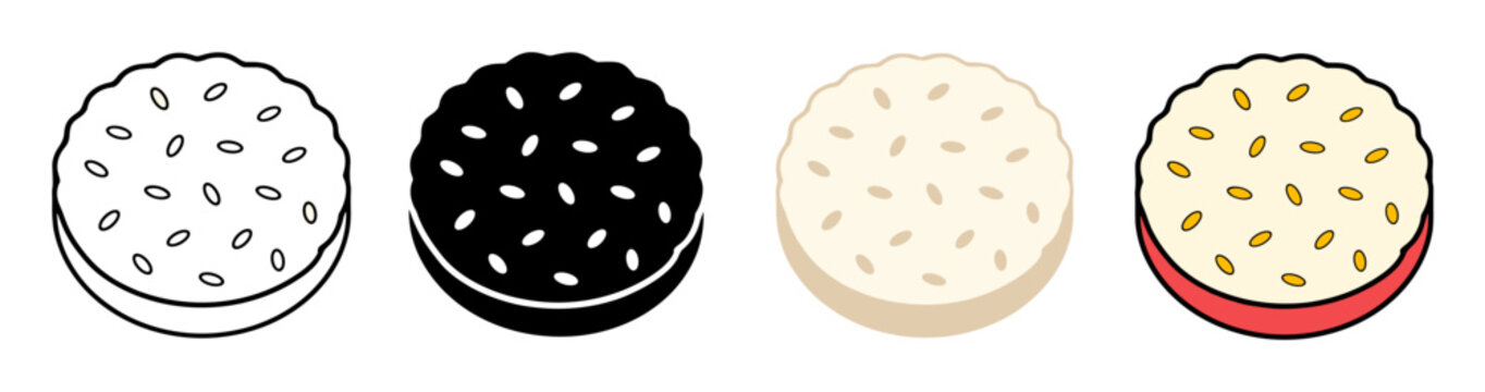 Sesame bun and rice bowl food icons presented in line art, silhouette, and colored flat vector styles for restaurant menu design