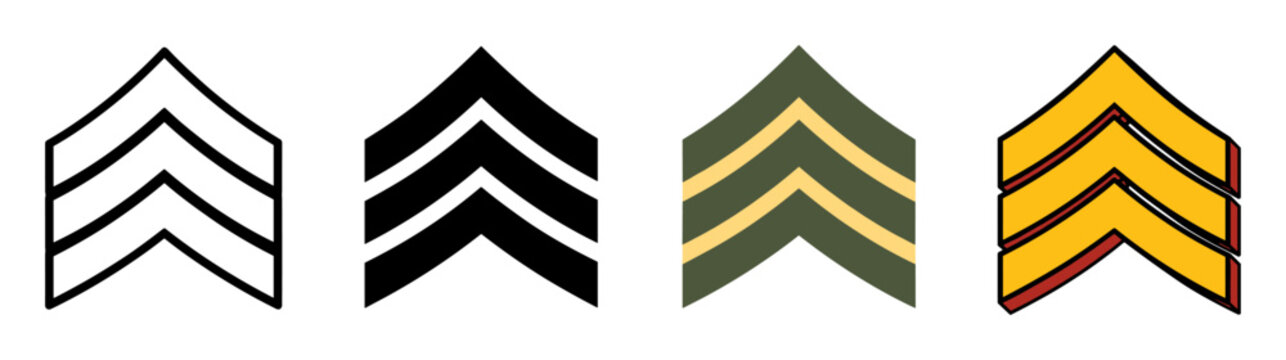 Military chevron rank insignia vector icon set featuring sergeant stripes in outline, silhouette, army green, and dimensional gold graphic styles