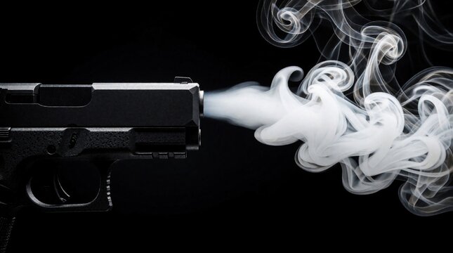 Pistol fires, expelling white smoke against dark background. Close up of gun muzzle with wisps of smoke dissipating in air. Action shot of firearm in use.