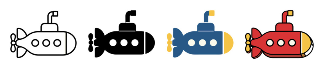 Obraz premium Submarine icons set in different graphic styles including outline silhouette flat and colorful cartoon designs for underwater exploration and marine travel concepts