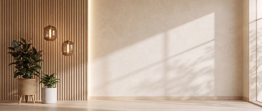 Wall mockup with slatted wood paneling, glowing glass pendant lamps, and potted indoor plants on a warm wooden floor, creating elegant copy space for art and poster presentations
