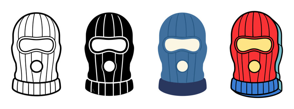 Knitted balaclava ski mask vector icons set in line art, black silhouette, and colorful flat styles representing cold weather face protection and disguise equipment