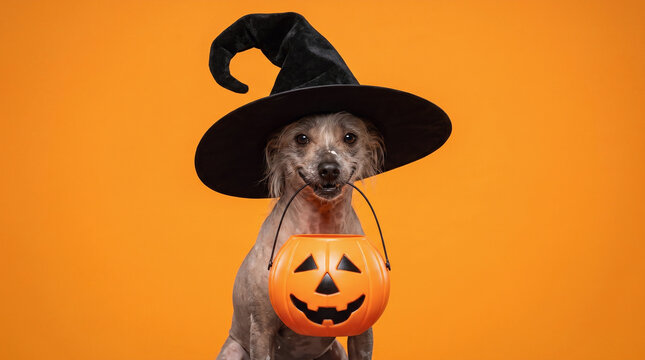 Chinese Crested dog wearing a black witch hat and holding a jack-o-lantern candy bucket on an orange background, cute spooky Halloween pet portrait for trick or treat