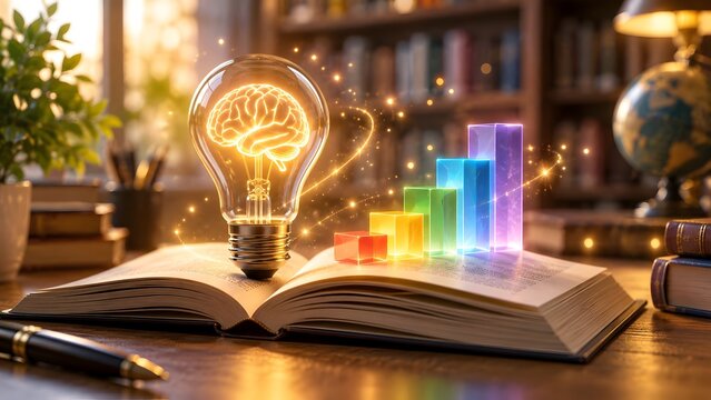 Illuminated brain inside a lightbulb symbolizing knowledge and ideas emerging from an open book with a colorful bar graph indicating growth and progress.