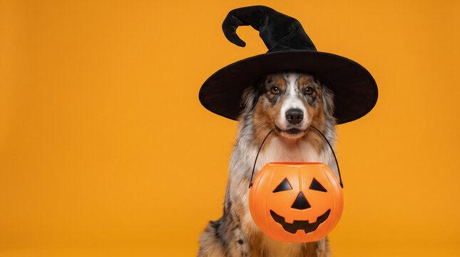 Australian Shepherd dog wearing a black witch hat and holding a jack-o-lantern candy bucket on an orange background, cute spooky Halloween pet portrait for trick or treat