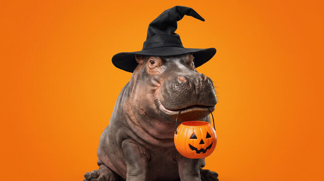 Hippopotamus wearing a black witch hat and holding a jack-o-lantern candy bucket on an orange background, funny spooky Halloween wildlife portrait for trick or treat