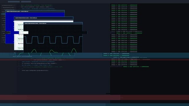 Server Telemetry Dashboard Glitch with Cascading System system, Broken Signal Waveforms, and Corrupted Data for Cyberpunk Interface Background