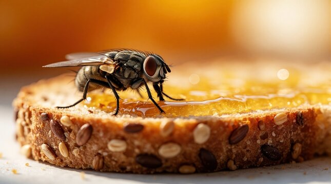 Macro shot of housefly on multigrain bread slice with honey. Insect lands on food, potential contamination risk. Close-up view of fly compound eyes and hairy legs.