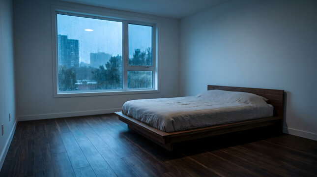 Cozy minimalist bedroom with a wooden bed during a rainy night in a city apartment