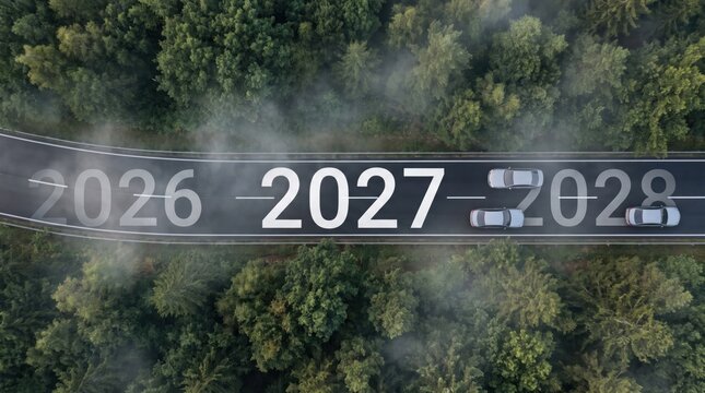 Aerial top view road in forest with car to start the new year 2027 Goal plan action, Business target and growth strategy. Business annual plan development for achieving goals and succe