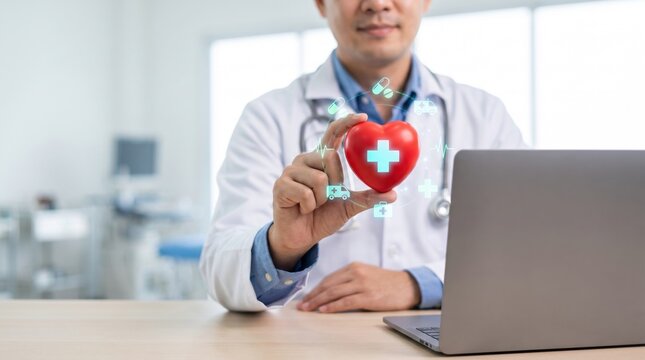 Male medicine doctor hold Red heart with healthcare medical icon for the Health insurance concept in hospital or clinic background