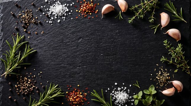 Dark Slate Food Background with Herbs Spices and Copy Space