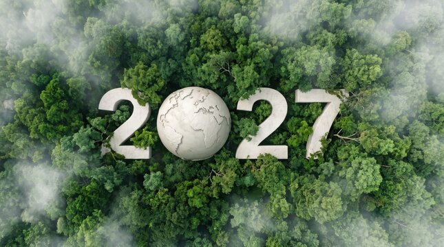 Aerial view of green forest with 2027 and Earth icon for environmental awareness, sustainability goals, and climate change action, happy new year and environment day, carbon reduction to net zero.