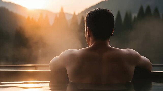A man relaxes in a steaming outdoor hot spring pool overlooking a misty forest at sunset.