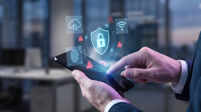 Cybersecurity and data protection concept. businessman using a mobile phone with a lock icon for internet network security and AI technology. Cybersecurity and privacy management on cloud computing.