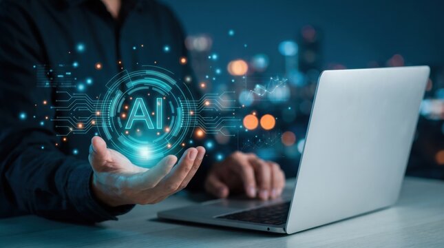 AI Artificial Intelligence. Business man using AI automation technology for data analysis, data driven workflow optimization, machine learning, business intelligence.