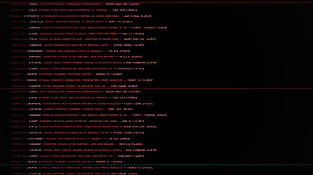 computer Boot Sequence Log Glitching with Red System Failure Scanlines and Corrupted Terminal Console Output for Cyber Security Breach Background