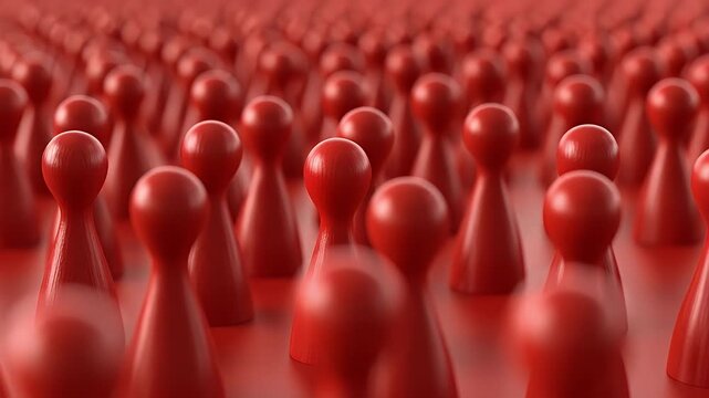 A 3D rendered crowd of red game pawns with a shallow depth of field, symbolizing leadership and social unity.