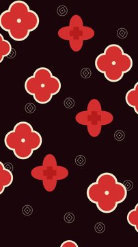 Pattern featuring red four-leaf clover flower shapes and four-pointed star crosses arranged on a dark maroon surface, interspersed with small geometric icons.